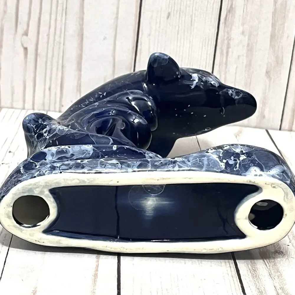 Vintage Ceramic Dolphin Figurine Oil Diffuser Candle Holder Blue Marble Finish